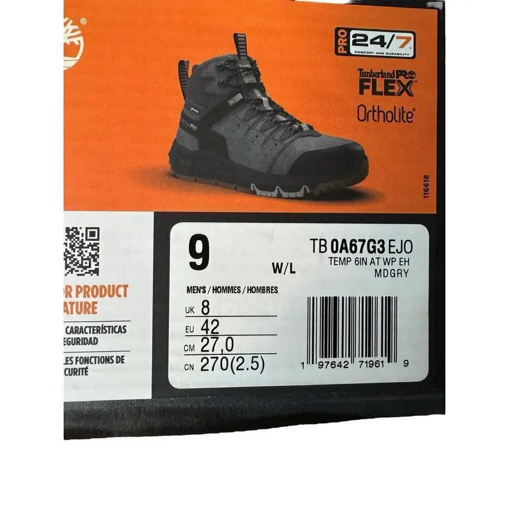 Timberland PRO NEW Tempe 6” Alloy Toe Work Boots Grey Leather Men’s Size 9 WIDE